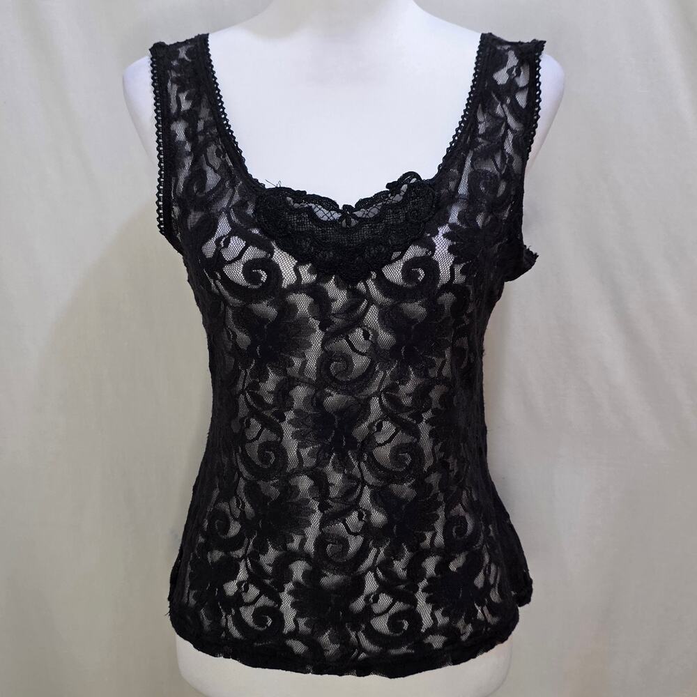 Vintage Secret Treasures Sheer Lace Floral Black Tank Camisole, Size Medium